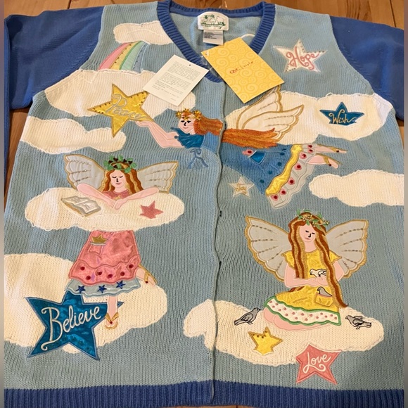 Quacker Factory Sweaters - NWT Quacker Factory Angel Cardigan Blue Embroidered Angel Cardigan Size Large
